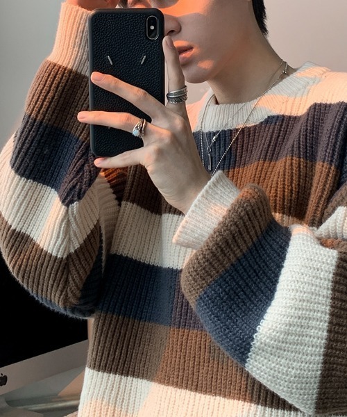 NOWLE(ノウル)の「【NOWLE】パステルカラー プルオーバー ボーダー ニット(ニット/セーター・メンズ・ブラック/ブラウン/ブルー・MEDIUM/LARGE/X-LARGE)」の5枚目の写真