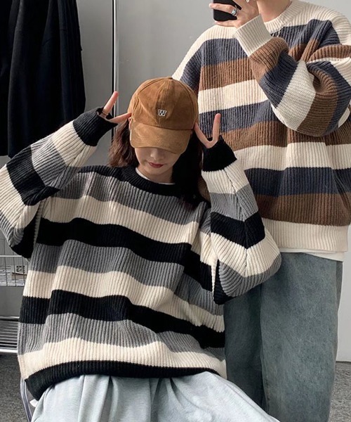 NOWLE(ノウル)の「【NOWLE】パステルカラー プルオーバー ボーダー ニット(ニット/セーター・メンズ・ブラック/ブラウン/ブルー・MEDIUM/LARGE/X-LARGE)」の4枚目の写真