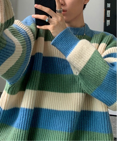 NOWLE(ノウル)の「【NOWLE】パステルカラー プルオーバー ボーダー ニット(ニット/セーター・メンズ・ブラック/ブラウン/ブルー・MEDIUM/LARGE/X-LARGE)」の7枚目の写真