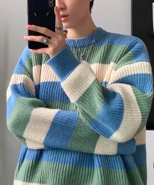NOWLE(ノウル)の「【NOWLE】パステルカラー プルオーバー ボーダー ニット(ニット/セーター・メンズ・ブラック/ブラウン/ブルー・MEDIUM/LARGE/X-LARGE)」の8枚目の写真
