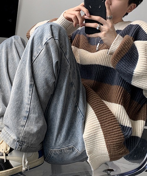 NOWLE(ノウル)の「【NOWLE】パステルカラー プルオーバー ボーダー ニット(ニット/セーター・メンズ・ブラック/ブラウン/ブルー・MEDIUM/LARGE/X-LARGE)」の6枚目の写真