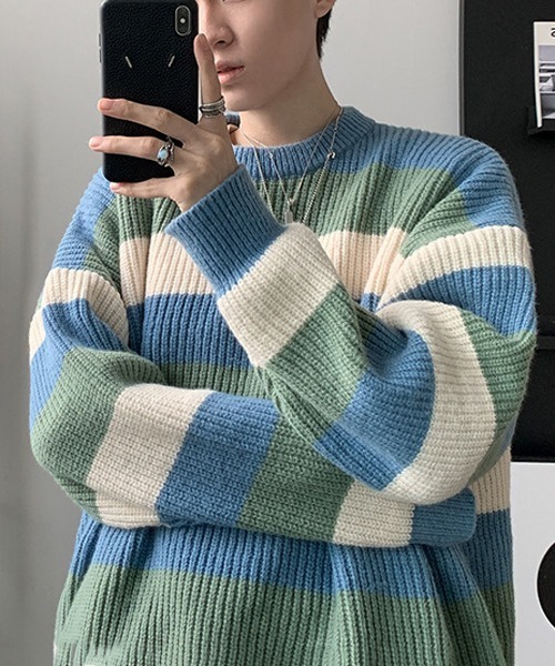 NOWLE(ノウル)の「【NOWLE】パステルカラー プルオーバー ボーダー ニット(ニット/セーター・メンズ・ブラック/ブラウン/ブルー・MEDIUM/LARGE/X-LARGE)」の9枚目の写真