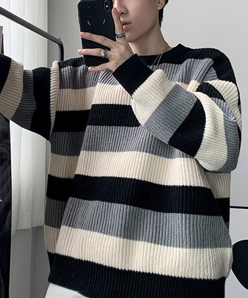 NOWLE(ノウル)の「【NOWLE】パステルカラー プルオーバー ボーダー ニット(ニット/セーター・メンズ・ブラック/ブラウン/ブルー・MEDIUM/LARGE/X-LARGE)」の10枚目の写真