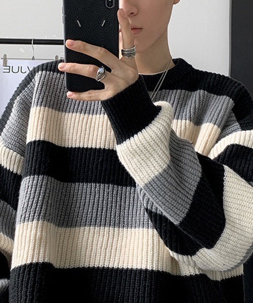 NOWLE(ノウル)の「【NOWLE】パステルカラー プルオーバー ボーダー ニット(ニット/セーター・メンズ・ブラック/ブラウン/ブルー・MEDIUM/LARGE/X-LARGE)」の11枚目の写真