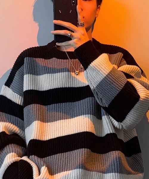 NOWLE(ノウル)の「【NOWLE】パステルカラー プルオーバー ボーダー ニット(ニット/セーター・メンズ・ブラック/ブラウン/ブルー・MEDIUM/LARGE/X-LARGE)」の12枚目の写真