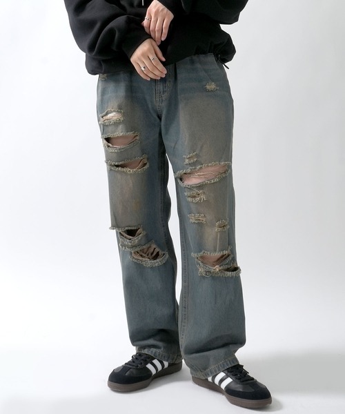 Starting Over(スターティングオーバー)の「vintage like street design loose fit denim pants/ヴィンテージ ライク ストリートデザイン ルーズフィット デニムパンツ(デニムパンツ・メンズ・ライトインディゴブルー/インディゴブルー/ブラック/ブルー系その他2/ブラック系その他2/ブラック系その他/ブルー系その他・M/L)」の1枚目の写真