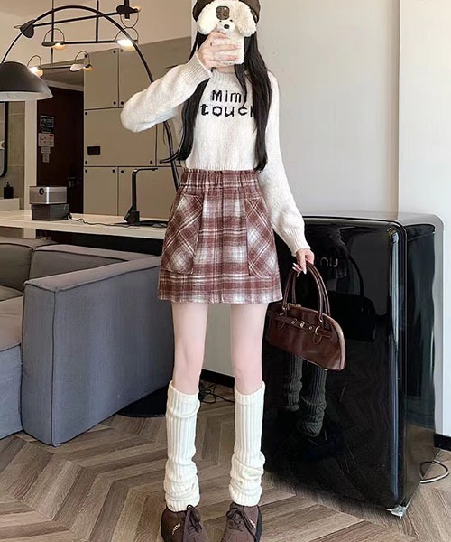 セール】Y2K冬チェック柄スカートヴィンテージ風レトロハイウエスト