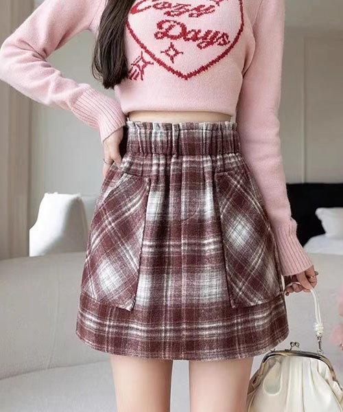 セール】Y2K冬チェック柄スカートヴィンテージ風レトロハイウエスト