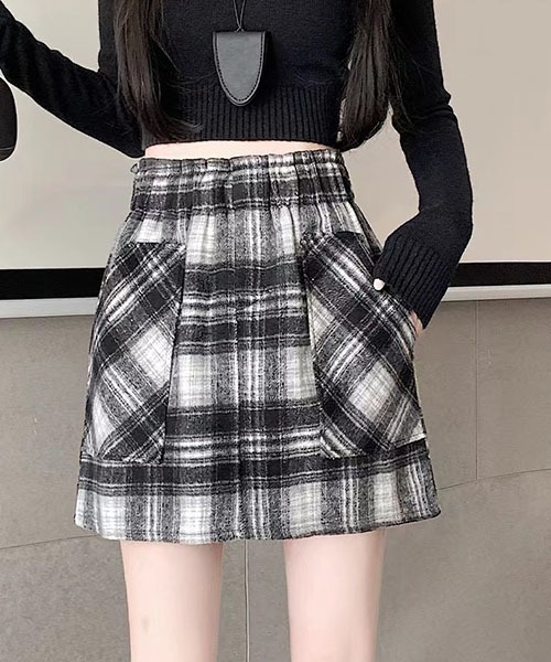 セール】Y2K冬チェック柄スカートヴィンテージ風レトロハイウエスト