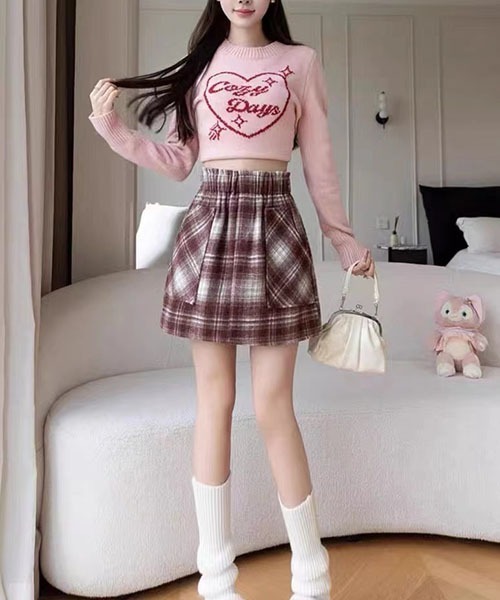 セール】Y2K冬チェック柄スカートヴィンテージ風レトロハイウエスト