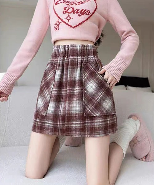 セール】Y2K冬チェック柄スカートヴィンテージ風レトロハイウエスト