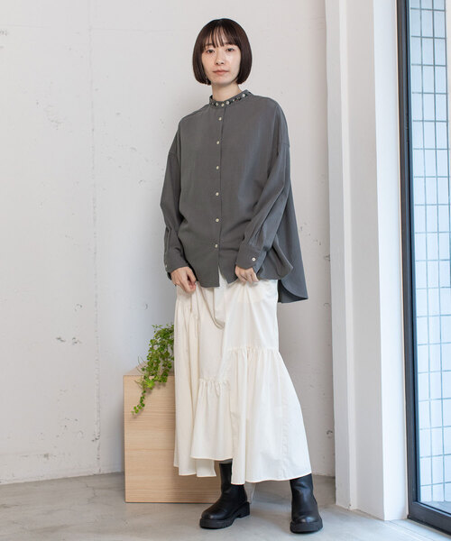 POU DOU DOU（プードゥドゥ）の「スタンドボタニカル刺繍シャツ（シャツ/ブラウス・レディース・アイボリー/ベージュ/ダークグレー・M）」の7枚目の写真