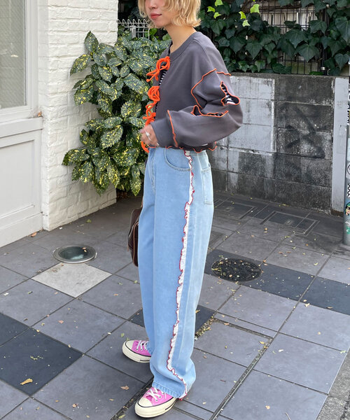 HELLO.SANFRANCISCO（ハローサンフランシスコ）の「【HELLO.SANFRANCISCO/ハローサンフランシスコ】配色ステッチカットフリルレースデニム（デニムパンツ・レディース・サックスブルー・X-SMALL/MEDIUM/SMALL）」の8枚目の写真