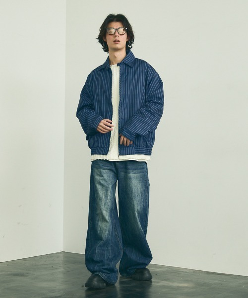 セール】Oversized striped zip up blouson / オーバーサイズ