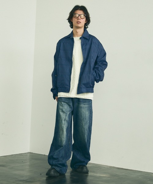 セール】Oversized striped zip up blouson / オーバーサイズ