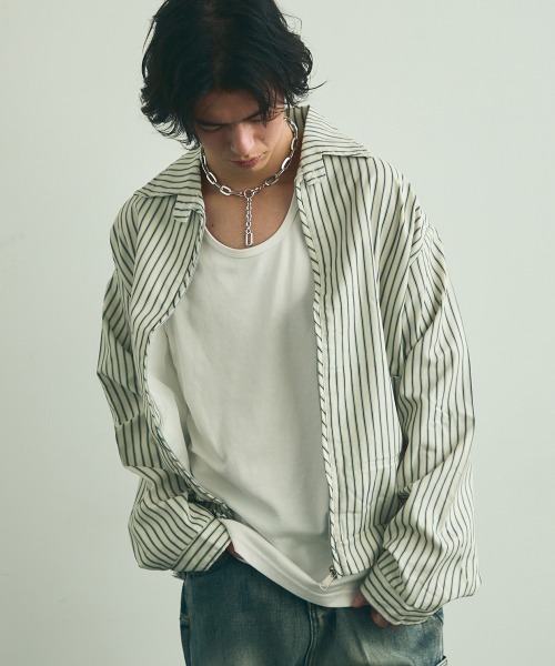 セール】Oversized striped zip up blouson / オーバーサイズ