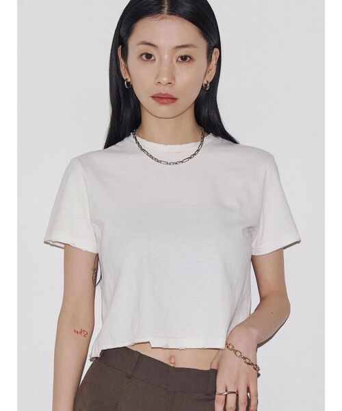 tシャツ 「VEQUM」DAMAGE CROPPED T SHIRT レディース セール】【VEQUM】DAMAGE CROPPED T SHIRT（Tシャツ/カットソー