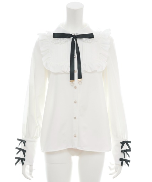 Secret Honey(シークレットハニー)の「カフス3連リボンヨークフリルブラウス(シャツ/ブラウス・レディース・ホワイト×ブラック/ブラック/オフホワイト・MEDIUM)」の9枚目の写真