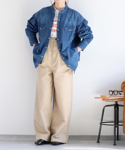セール】〈セットアップ対応〉リメイクデニムバンドカラーシャツ