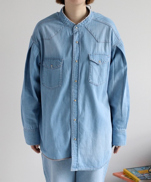 セール】〈セットアップ対応〉リメイクデニムバンドカラーシャツ