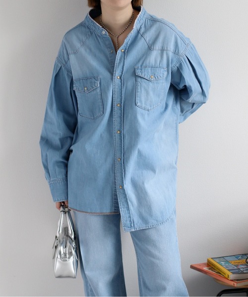 セール】〈セットアップ対応〉リメイクデニムバンドカラーシャツ
