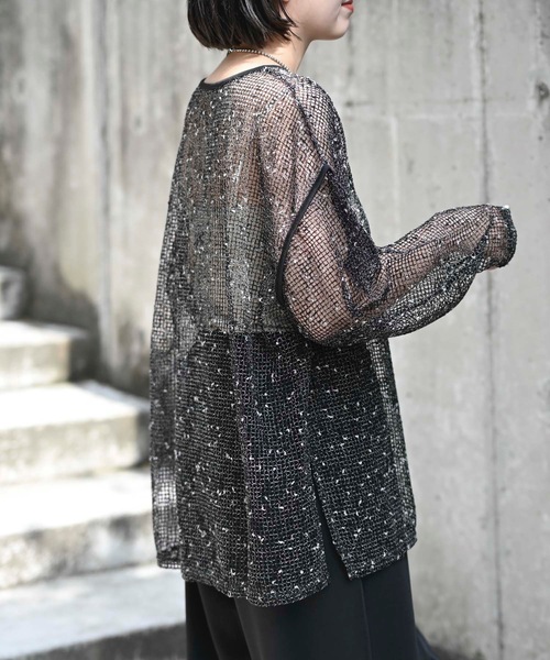 &HALF(アンドハーフ)の「カットメッシュミックスプルオーバー(シアートップス)(Tシャツ/カットソー・レディース・ダークベージュ/オフホワイト/ブラック・FREE)」の8枚目の写真