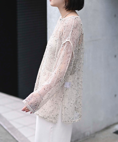 &HALF(アンドハーフ)の「カットメッシュミックスプルオーバー(シアートップス)(Tシャツ/カットソー・レディース・ダークベージュ/オフホワイト/ブラック・FREE)」の17枚目の写真