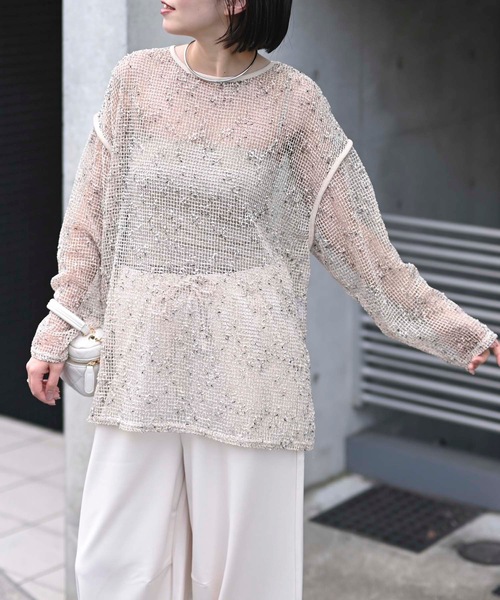 &HALF(アンドハーフ)の「カットメッシュミックスプルオーバー(シアートップス)(Tシャツ/カットソー・レディース・ダークベージュ/オフホワイト/ブラック・FREE)」の18枚目の写真