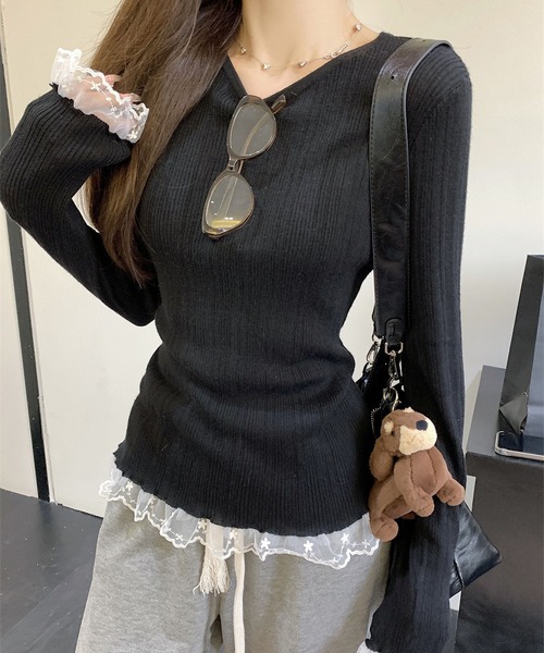MAISON DE THERESE(メゾン ド テレーズ)の「レース付きニットトップス(ニット/セーター・レディース・ホワイト/グレー/ブラック・FREE)」の2枚目の写真