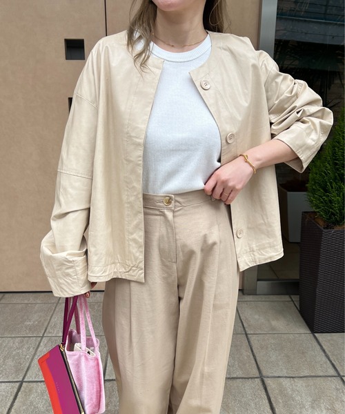 フェイクレザーノーカラージャケット（ノーカラージャケット