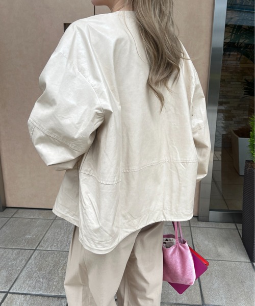 フェイクレザーノーカラージャケット（ノーカラージャケット