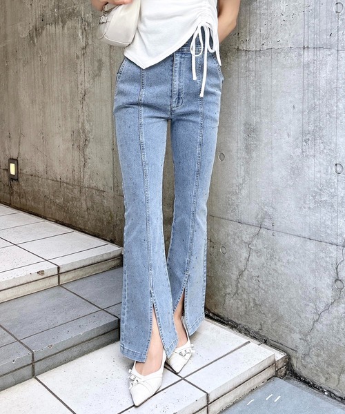メタル付フロントスリットハイウエストフレアパンツ（デニム