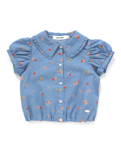 SLAP SLIP（スラップスリップ）の「【お揃い】デニムイチゴ×お花プリントセーラー襟パフスリーブトップス(80~130cm)（シャツ/ブラウス・キッズ・ブルー系その他/ホワイト系その他・110cm/100cm/120cm/130cm/80ｃｍ/90cm）」の2枚目の写真
