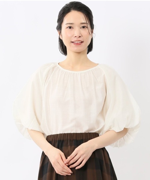 m.f.editorial(エムエフエディトリアル)の「【ハンドウォッシャブル】m.f.エディトリアル レディース シアースラブ 半袖 プルオーバー ブラウス(シャツ/ブラウス・レディース・アイボリー/ブラック/グレー・MEDIUM)」の1枚目の写真