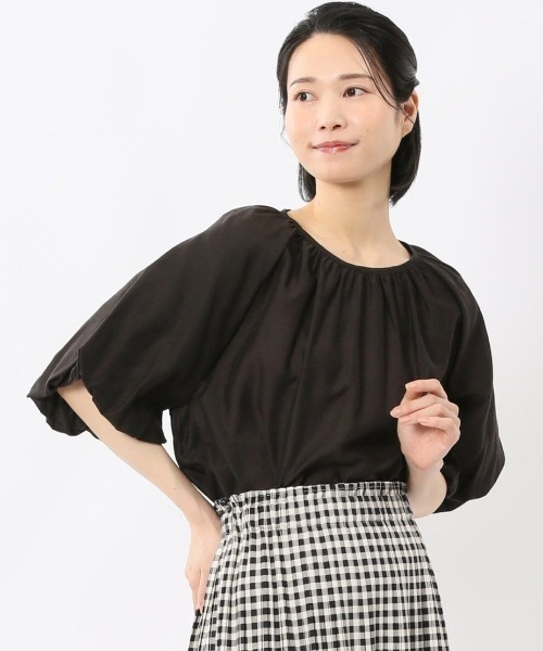 m.f.editorial(エムエフエディトリアル)の「【ハンドウォッシャブル】m.f.エディトリアル レディース シアースラブ 半袖 プルオーバー ブラウス(シャツ/ブラウス・レディース・アイボリー/ブラック/グレー・MEDIUM)」の2枚目の写真