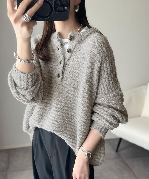 セール】ふんわり愛されスタイル♪前後2wayヘンリーネックニット（長袖