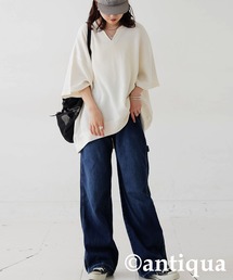 コーデセット カフタンワッフルトップス×ベルトデニムパンツ