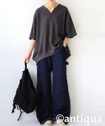 コーデセット　カフタンワッフルトップス×ベルトデニムパンツ