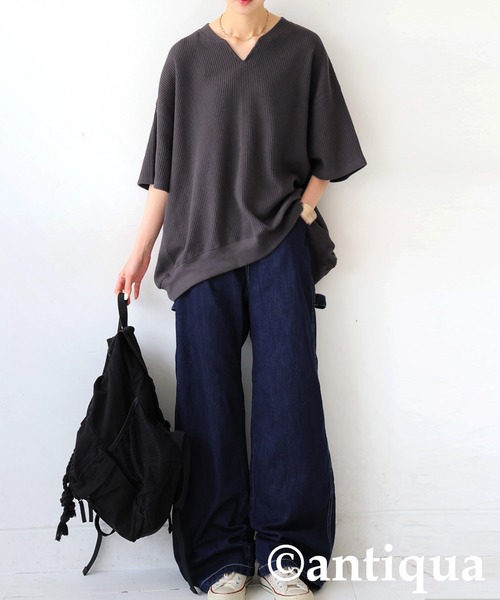 antiqua（アンティカ）の「コーデセット　カフタンワッフルトップス×ベルトデニムパンツ（Tシャツ/カットソー・レディース・オートミール/スミクロ/ブルー/ブラック・SMALL/MEDIUM/LARGE/X-LARGE）」の3枚目の写真