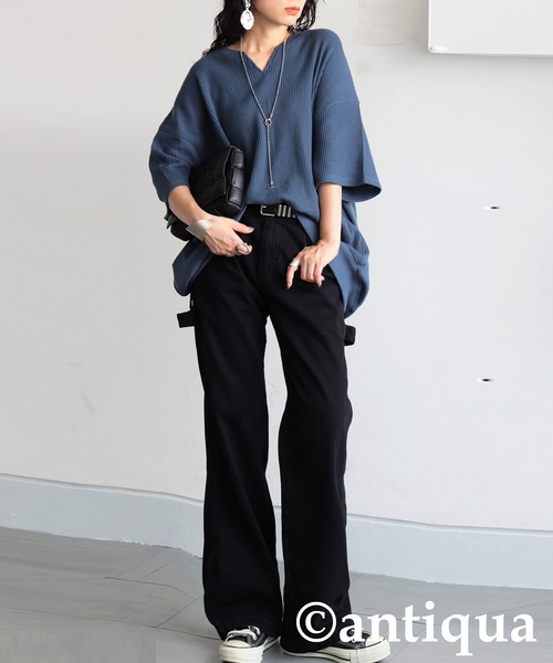 antiqua（アンティカ）の「コーデセット　カフタンワッフルトップス×ベルトデニムパンツ（Tシャツ/カットソー・レディース・オートミール/スミクロ/ブルー/ブラック・SMALL/MEDIUM/LARGE/X-LARGE）」の4枚目の写真
