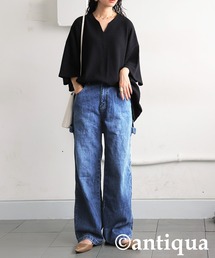 antiqua（アンティカ）の「コーデセット　カフタンワッフルトップス×ベルトデニムパンツ（Tシャツ/カットソー）」