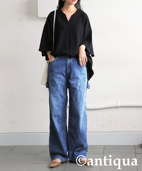 antiqua（アンティカ）の「コーデセット　カフタンワッフルトップス×ベルトデニムパンツ（Tシャツ/カットソー・レディース・オートミール/スミクロ/ブルー/ブラック・SMALL/MEDIUM/LARGE/X-LARGE）」の2枚目の写真