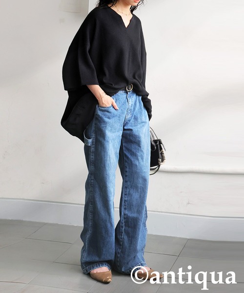 antiqua（アンティカ）の「コーデセット　カフタンワッフルトップス×ベルトデニムパンツ（Tシャツ/カットソー・レディース・オートミール/スミクロ/ブルー/ブラック・SMALL/MEDIUM/LARGE/X-LARGE）」の14枚目の写真