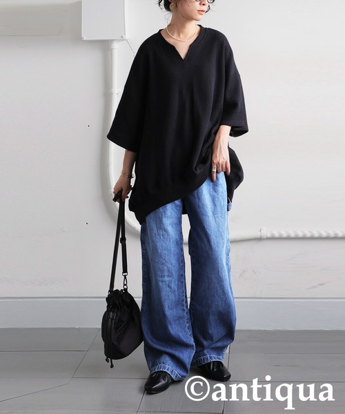 antiqua（アンティカ）の「コーデセット　カフタンワッフルトップス×ベルトデニムパンツ（Tシャツ/カットソー・レディース・オートミール/スミクロ/ブルー/ブラック・SMALL/MEDIUM/LARGE/X-LARGE）」の15枚目の写真