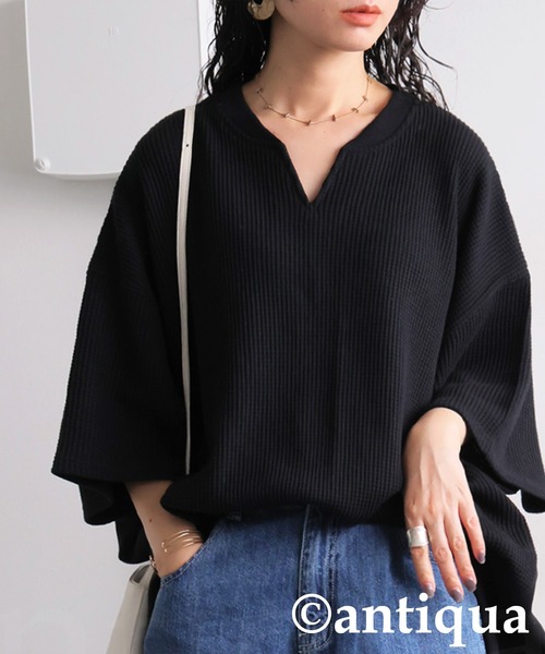 antiqua（アンティカ）の「コーデセット　カフタンワッフルトップス×ベルトデニムパンツ（Tシャツ/カットソー・レディース・オートミール/スミクロ/ブルー/ブラック・SMALL/MEDIUM/LARGE/X-LARGE）」の17枚目の写真