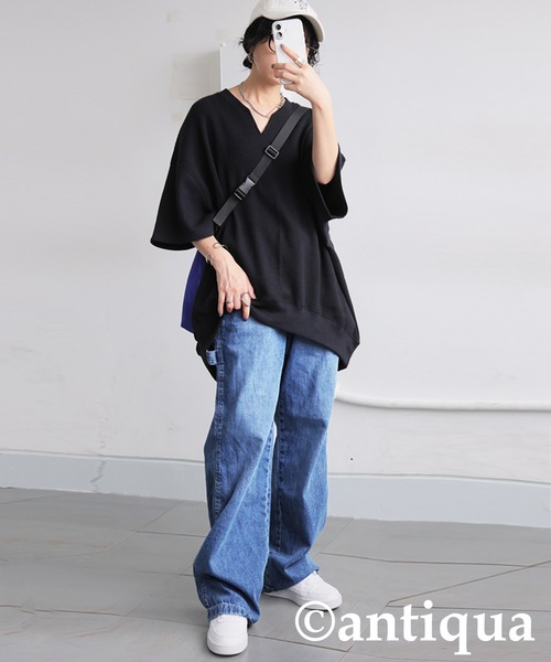 antiqua（アンティカ）の「コーデセット　カフタンワッフルトップス×ベルトデニムパンツ（Tシャツ/カットソー・レディース・オートミール/スミクロ/ブルー/ブラック・SMALL/MEDIUM/LARGE/X-LARGE）」の19枚目の写真