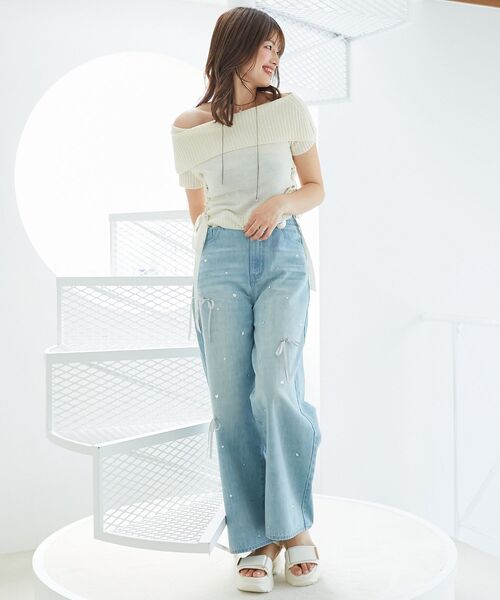 MAJESTIC LEGON(マジェスティックレゴン)の「レースアップオフショルニット(ニット/セーター・レディース・アイボリー/グレー/チャコールグレー/ピンク・MEDIUM)」の9枚目の写真