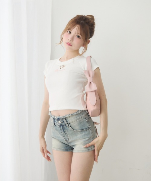 D&G ディーアンドジー　レース　フリル　リボン　ピンク　デニム　パンツ ピンク ラテ PINK-latte バックリボンデニムパンツ （インディゴ