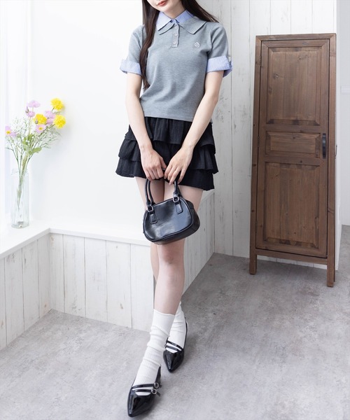 clear（クリア）の「布帛ドッキングダブルカラーニットトップス［フレンチ カジュアル ガーリー］（ニット/セーター・レディース・ネイビー/グレー/アイボリー・F）」の12枚目の写真