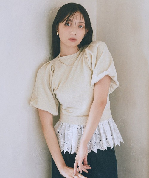 earth music&ecology(アースミュージックアンドエコロジー)の「ラメモールパフスリニットプルオーバー(Tシャツ/カットソー・レディース・モカ/ネイビー/アイボリー・FREE)」の2枚目の写真